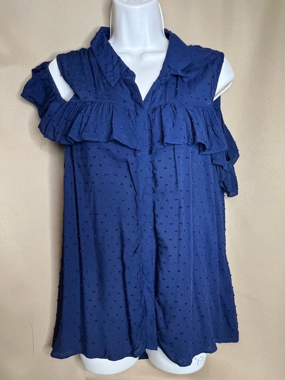 DR2 Daniel Rainn Navy French Dot Ruffle Cold Shoulder Top L NWT